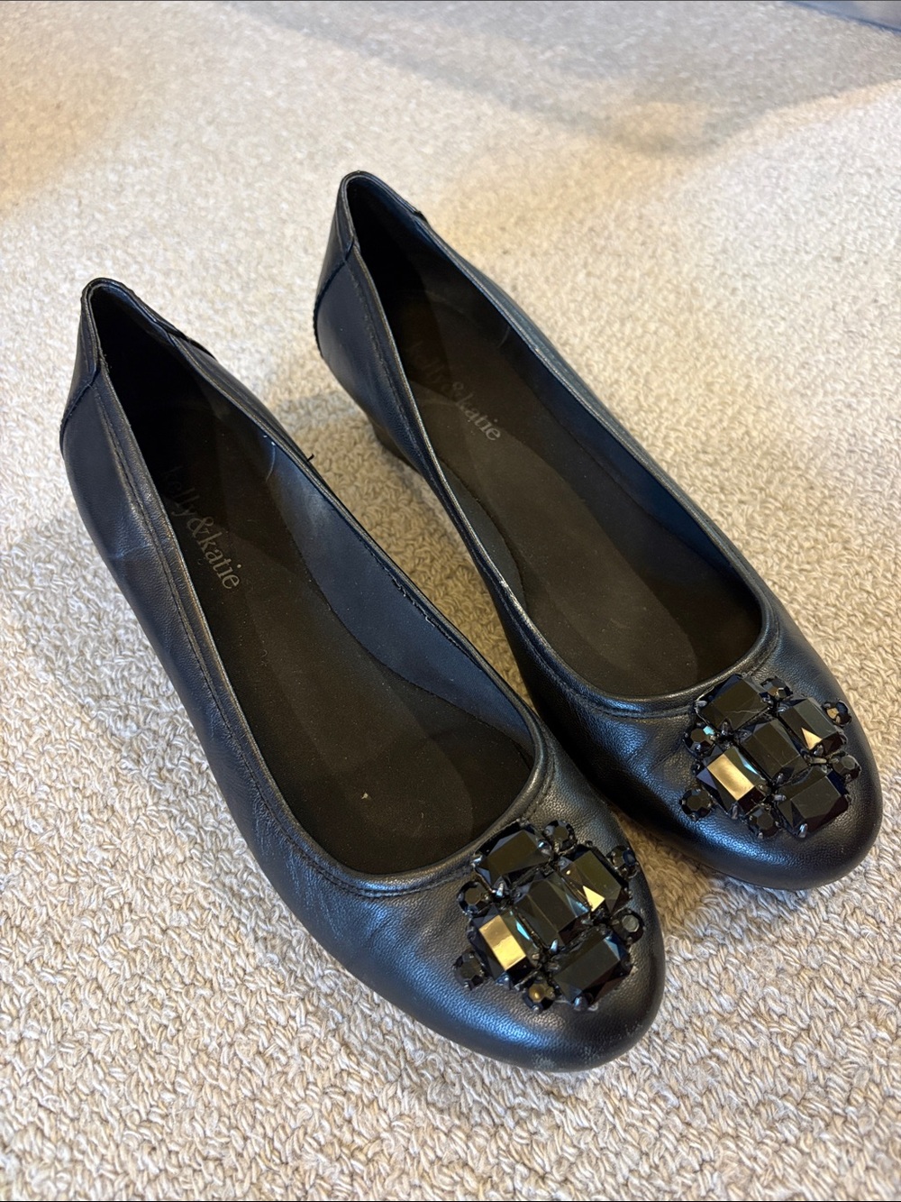 Kelly & Katie Black Leather Jeweled Flats